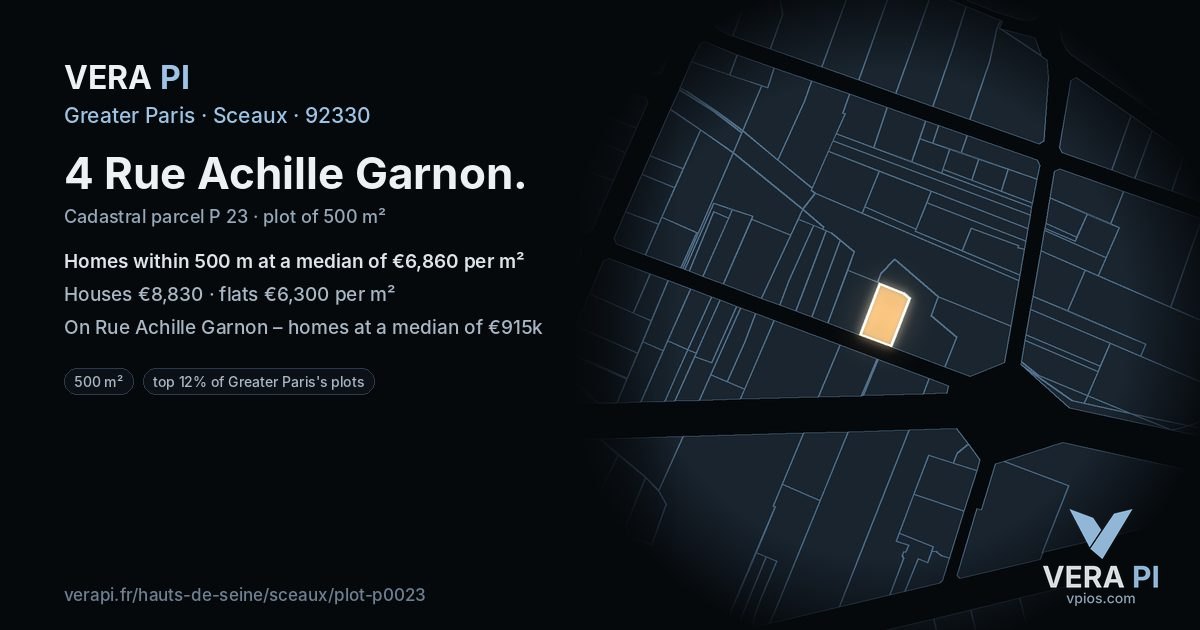 4 Rue Achille Garnon, Sceaux at night – the plot lit, the parcels around coloured by the prices near them