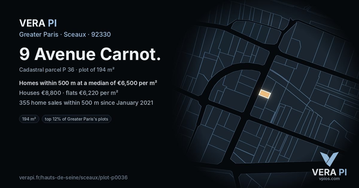 9 Avenue Carnot, Sceaux at night – the plot lit, the parcels around coloured by the prices near them