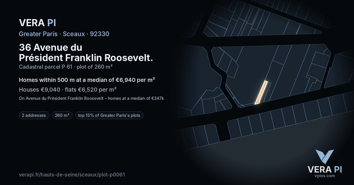 36 Avenue du Président Franklin Roosevelt, Sceaux at night – the plot lit, the parcels around coloured by the prices near them