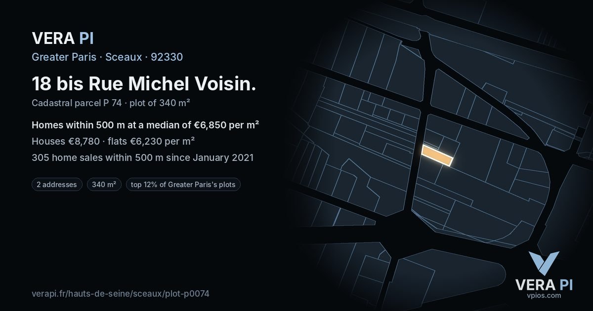18 bis Rue Michel Voisin, Sceaux at night – the plot lit, the parcels around coloured by the prices near them