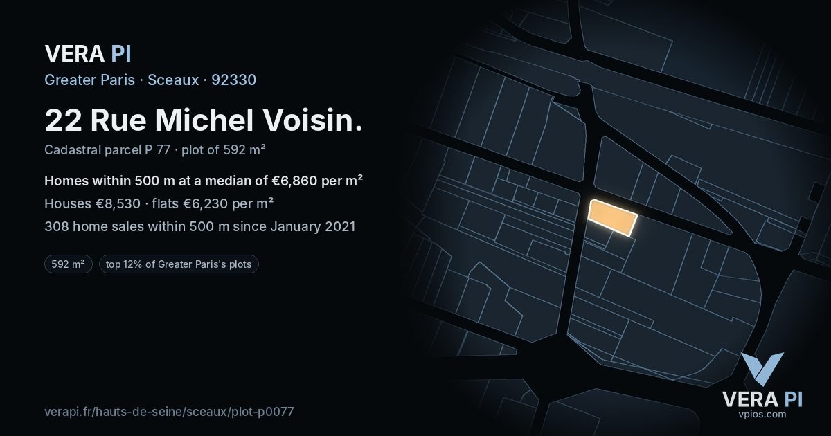22 Rue Michel Voisin, Sceaux at night – the plot lit, the parcels around coloured by the prices near them