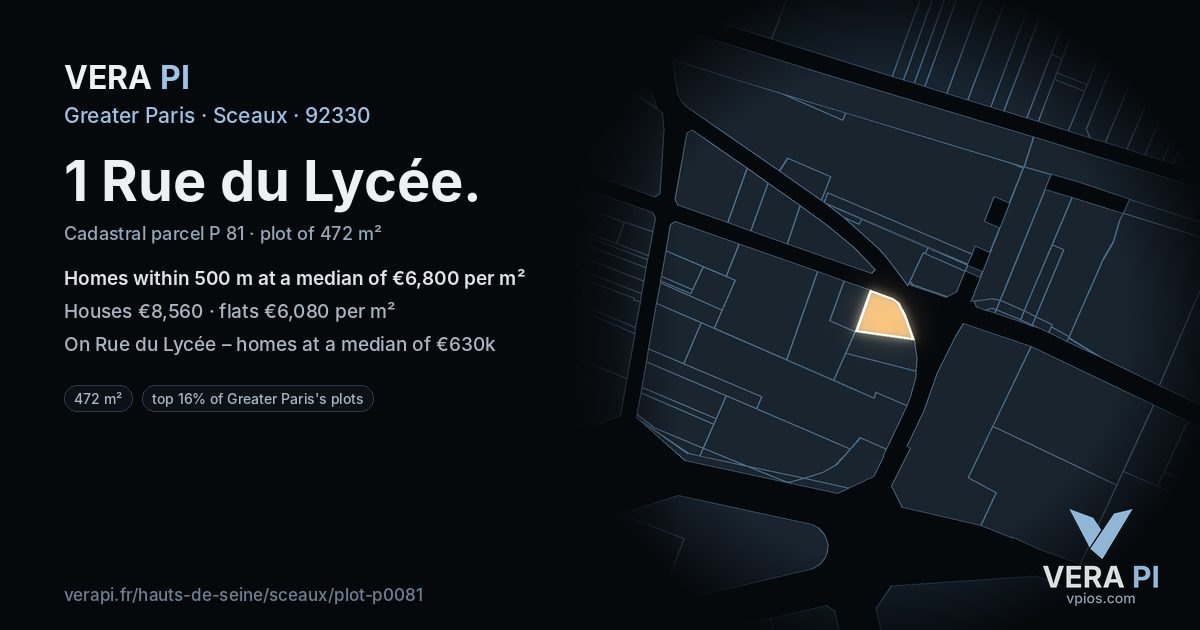 1 Rue du Lycée, Sceaux at night – the plot lit, the parcels around coloured by the prices near them
