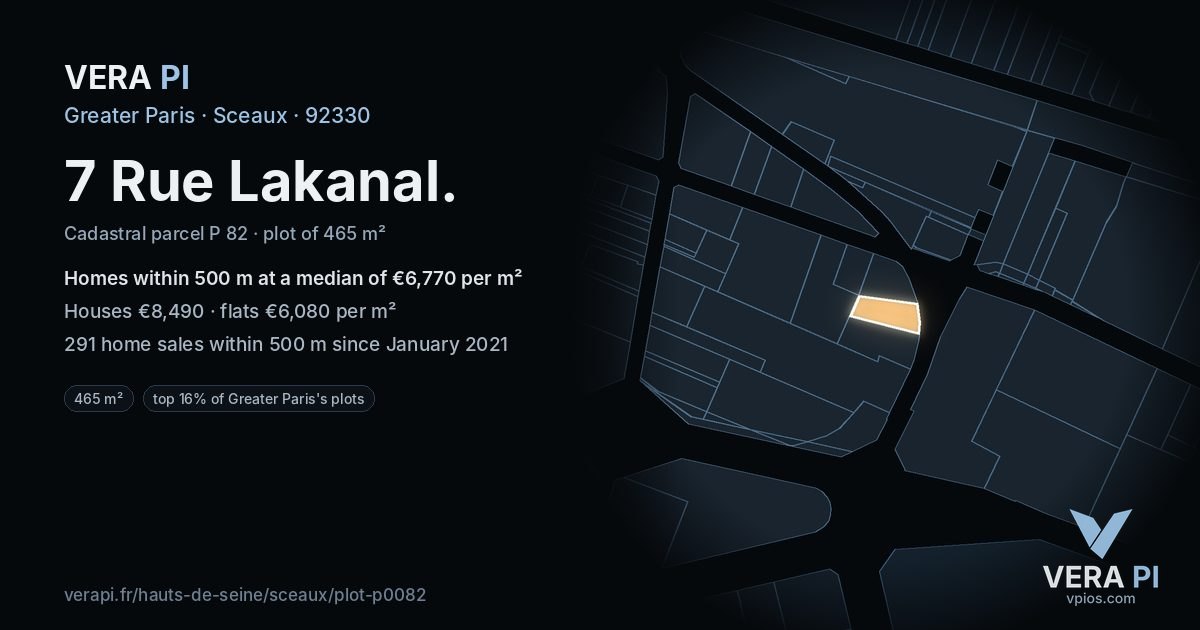 7 Rue Lakanal, Sceaux at night – the plot lit, the parcels around coloured by the prices near them