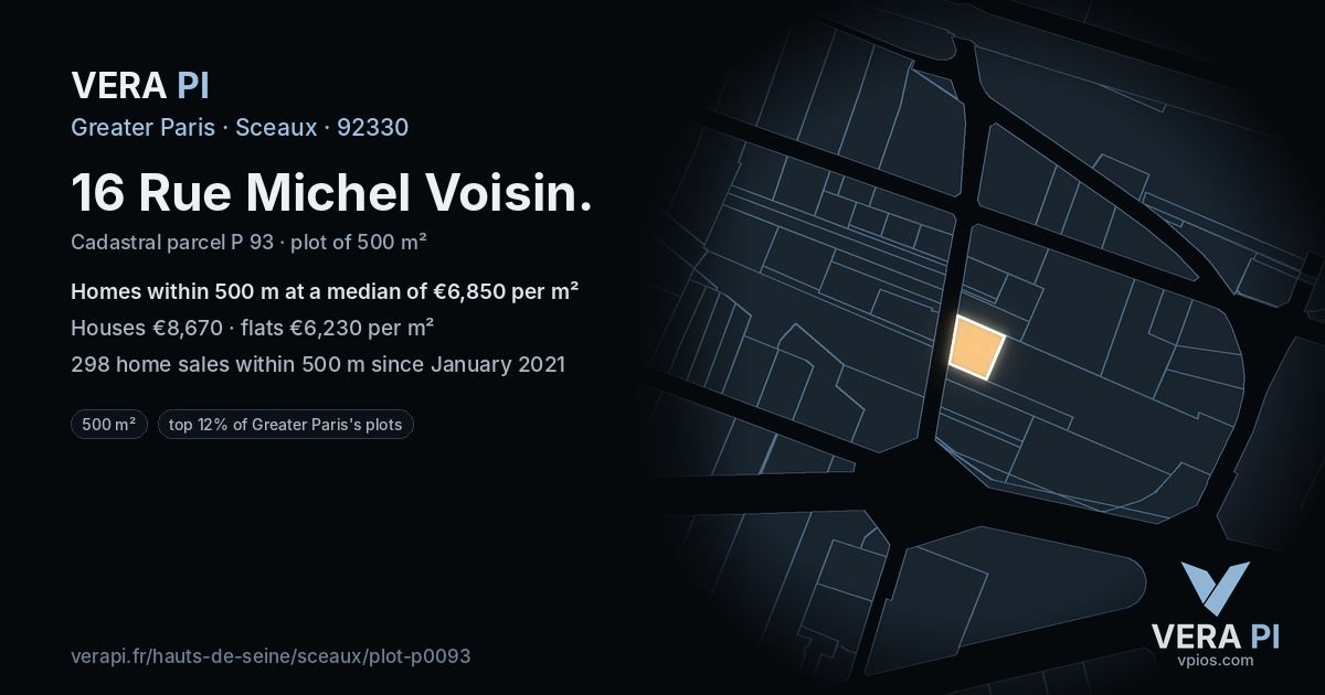 16 Rue Michel Voisin, Sceaux at night – the plot lit, the parcels around coloured by the prices near them