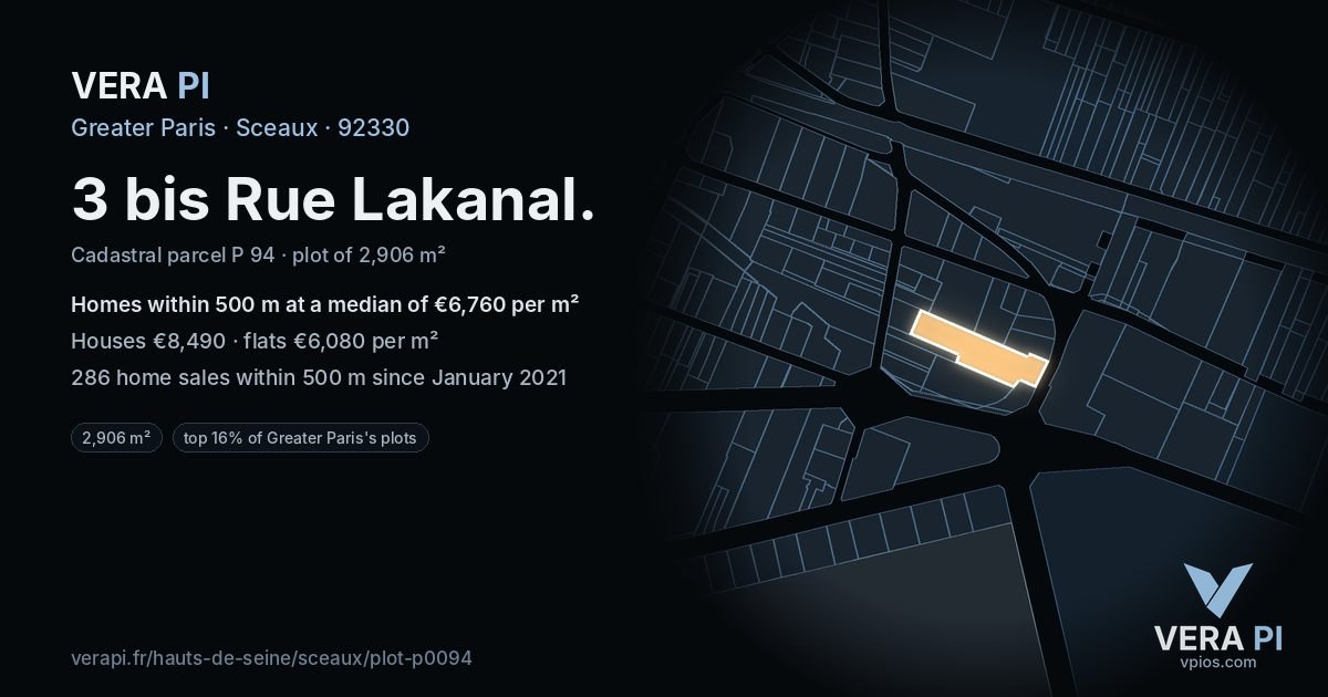3 bis Rue Lakanal, Sceaux at night – the plot lit, the parcels around coloured by the prices near them