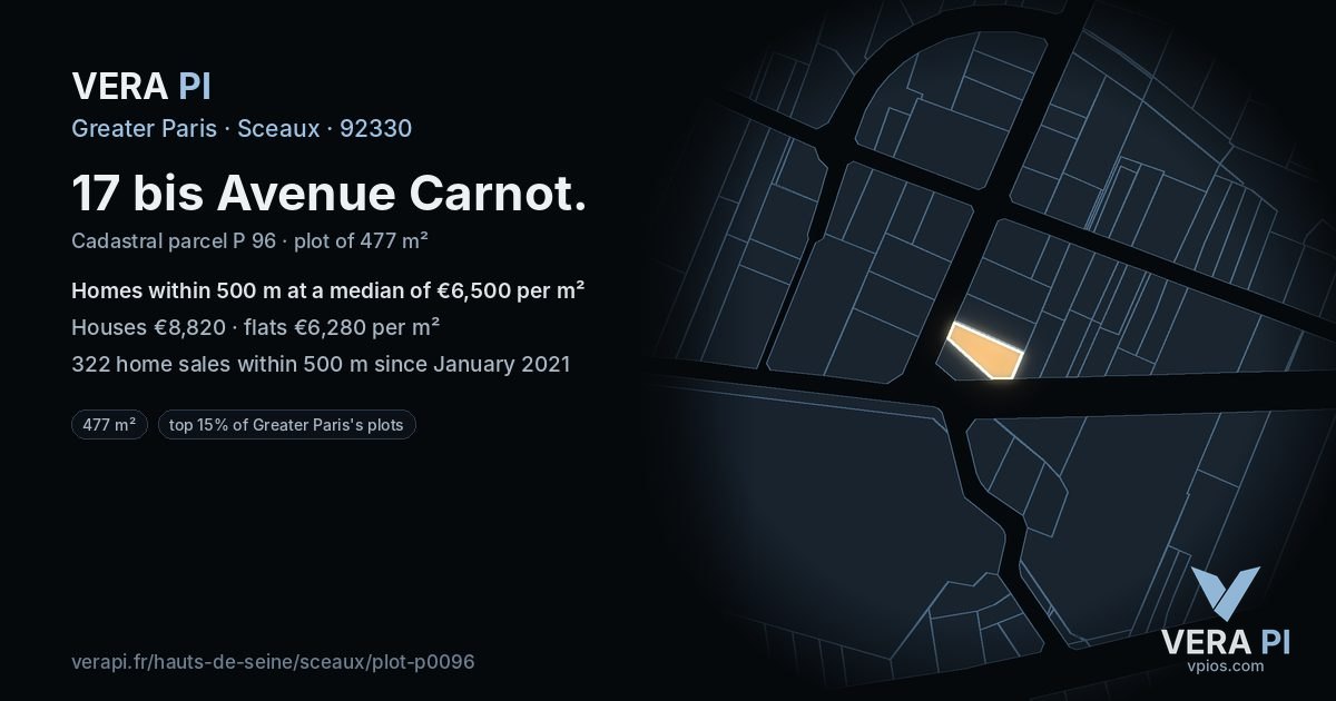 17 bis Avenue Carnot, Sceaux at night – the plot lit, the parcels around coloured by the prices near them
