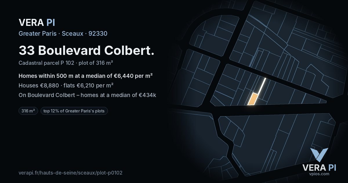 33 Boulevard Colbert, Sceaux at night – the plot lit, the parcels around coloured by the prices near them