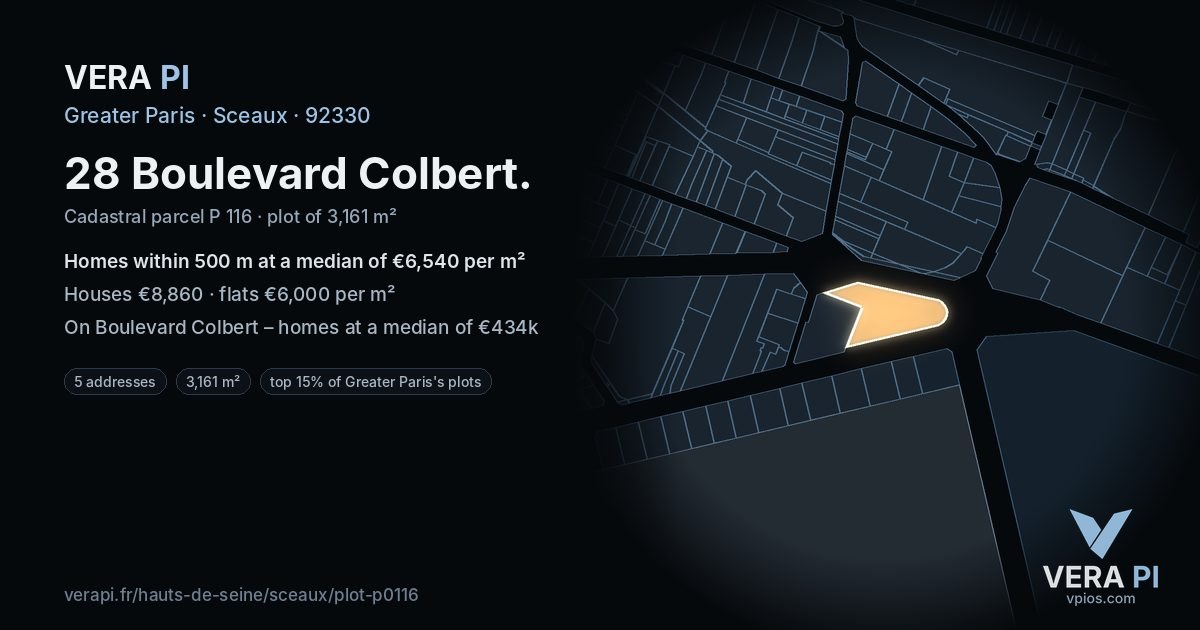 28 Boulevard Colbert, Sceaux at night – the plot lit, the parcels around coloured by the prices near them