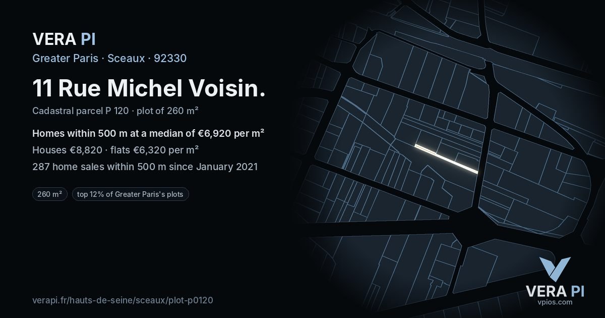 11 Rue Michel Voisin, Sceaux at night – the plot lit, the parcels around coloured by the prices near them