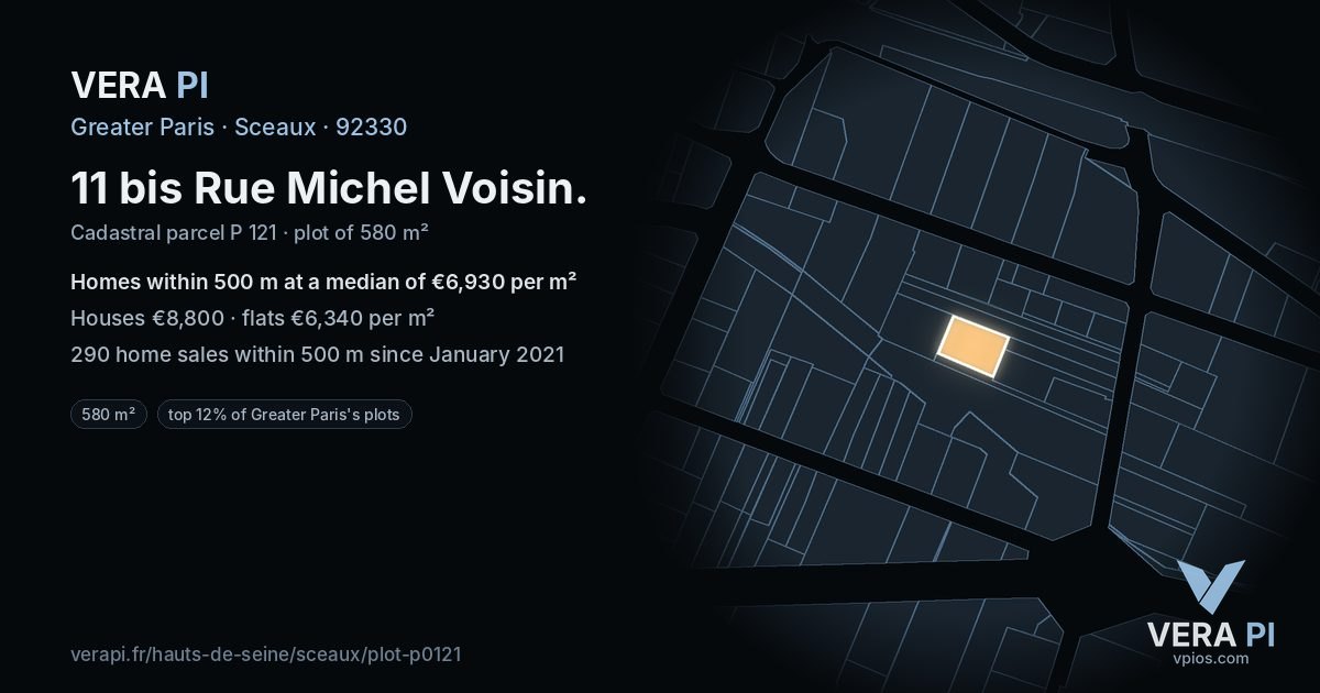 11 bis Rue Michel Voisin, Sceaux at night – the plot lit, the parcels around coloured by the prices near them