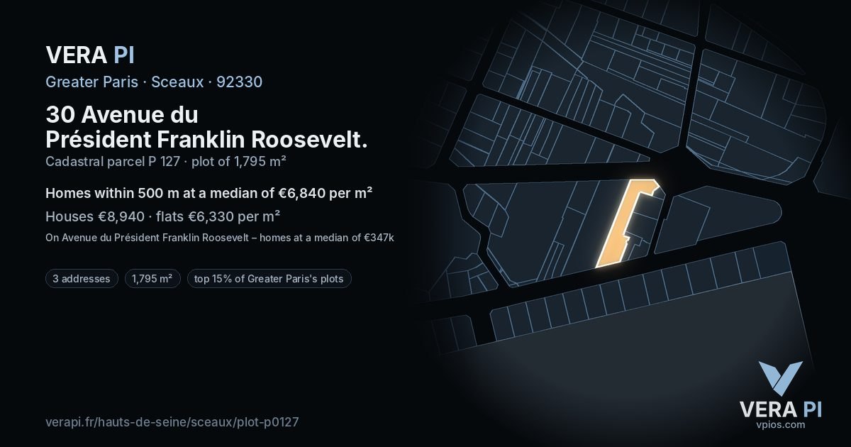 30 Avenue du Président Franklin Roosevelt, Sceaux at night – the plot lit, the parcels around coloured by the prices near them