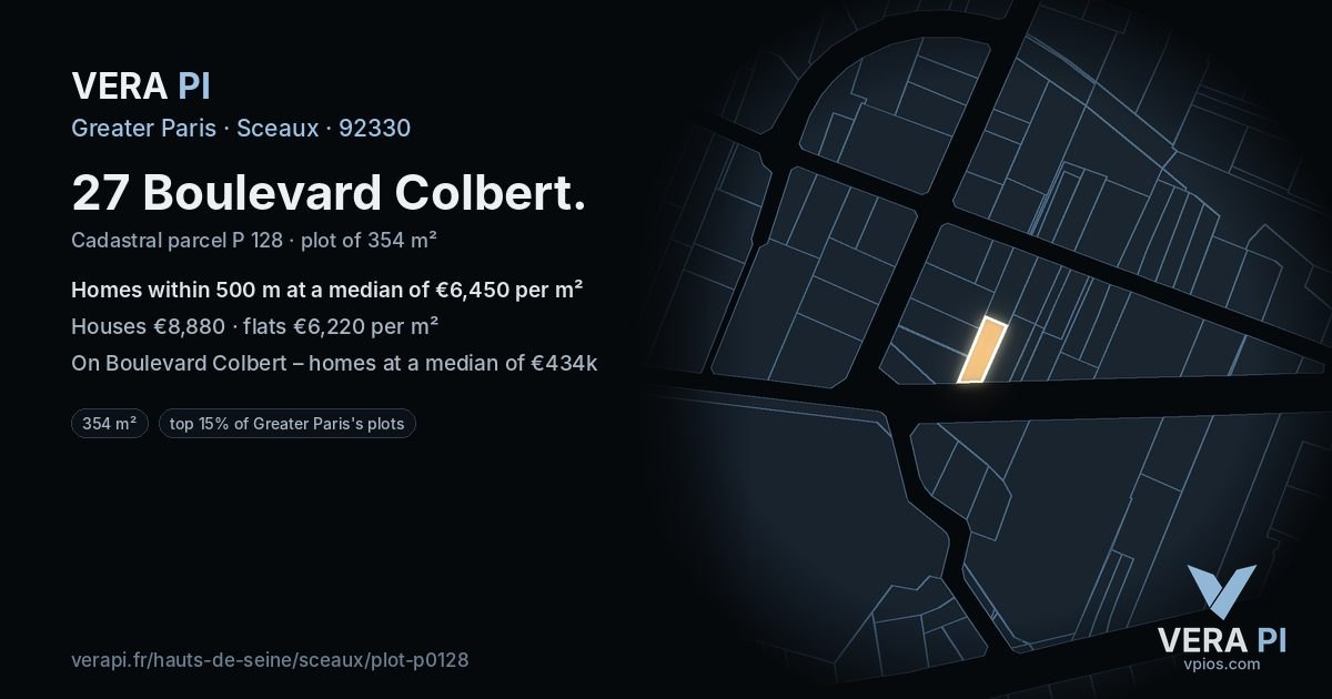 27 Boulevard Colbert, Sceaux at night – the plot lit, the parcels around coloured by the prices near them