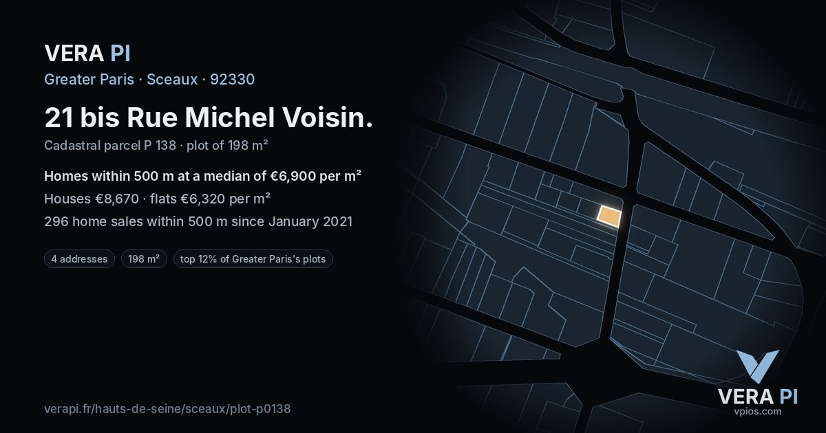 21 bis Rue Michel Voisin, Sceaux at night – the plot lit, the parcels around coloured by the prices near them