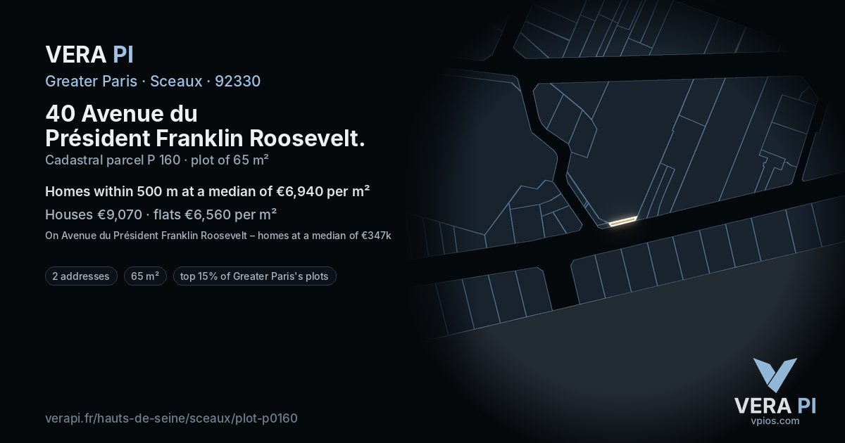40 Avenue du Président Franklin Roosevelt, Sceaux at night – the plot lit, the parcels around coloured by the prices near them