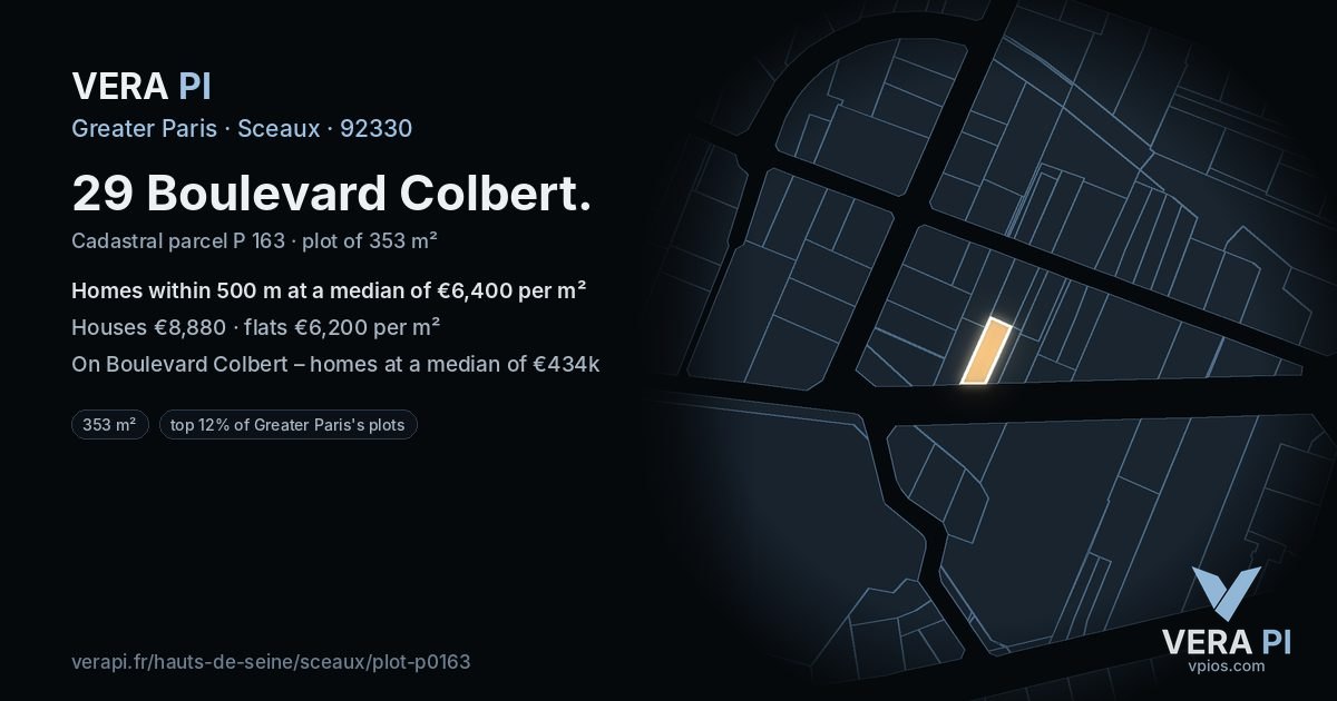 29 Boulevard Colbert, Sceaux at night – the plot lit, the parcels around coloured by the prices near them