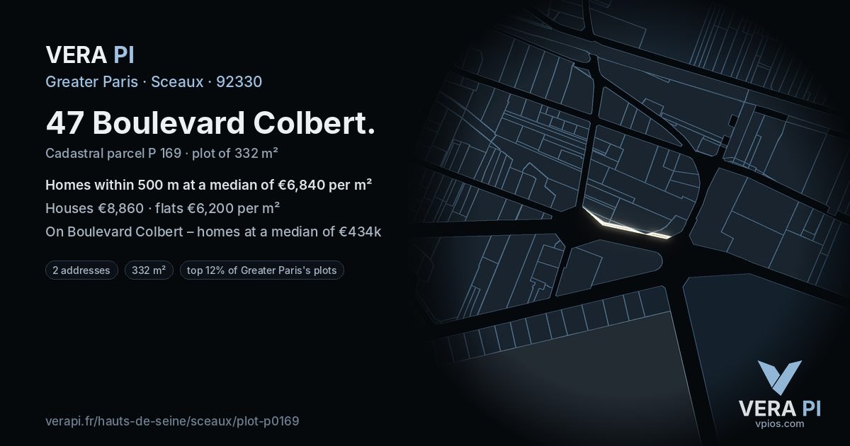 47 Boulevard Colbert, Sceaux at night – the plot lit, the parcels around coloured by the prices near them
