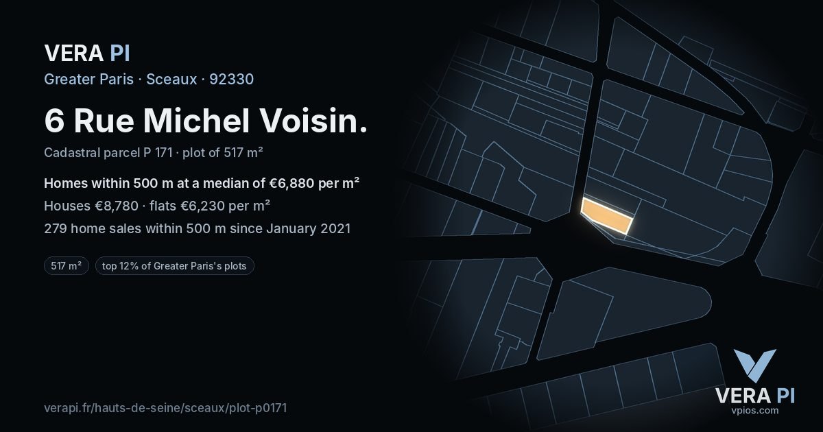 6 Rue Michel Voisin, Sceaux at night – the plot lit, the parcels around coloured by the prices near them