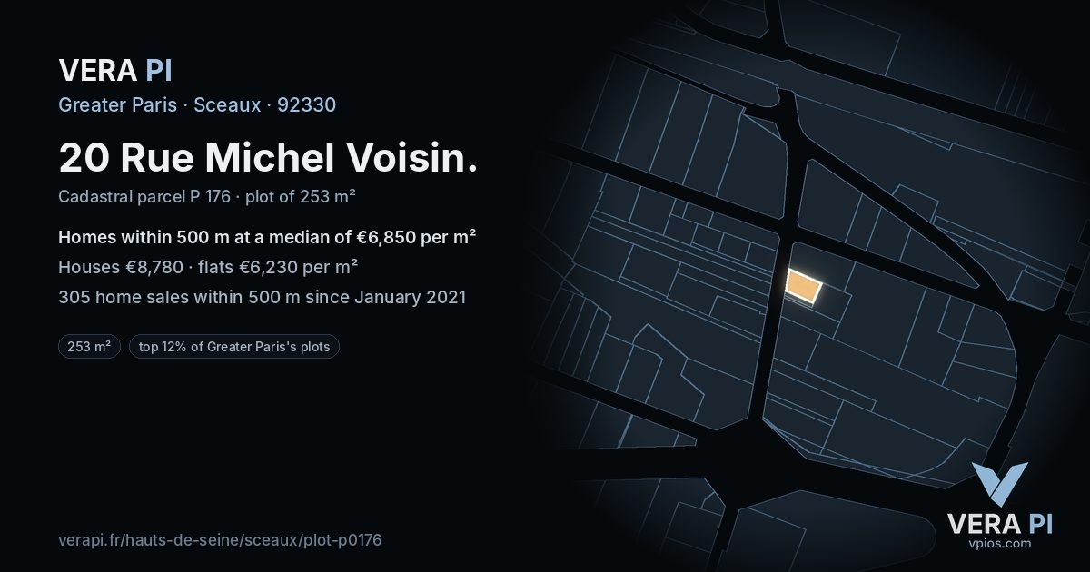 20 Rue Michel Voisin, Sceaux at night – the plot lit, the parcels around coloured by the prices near them