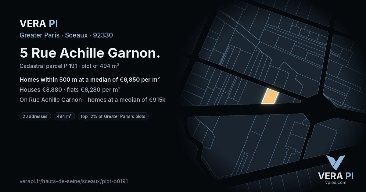 5 Rue Achille Garnon, Sceaux at night – the plot lit, the parcels around coloured by the prices near them