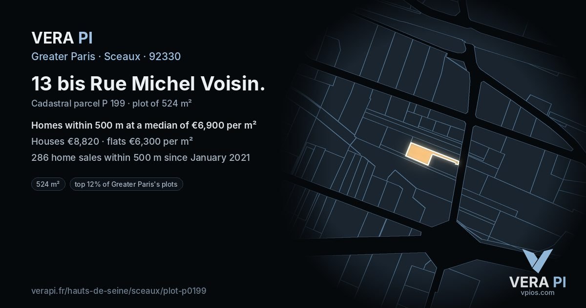 13 bis Rue Michel Voisin, Sceaux at night – the plot lit, the parcels around coloured by the prices near them