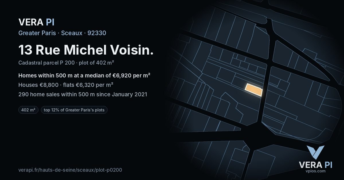 13 Rue Michel Voisin, Sceaux at night – the plot lit, the parcels around coloured by the prices near them