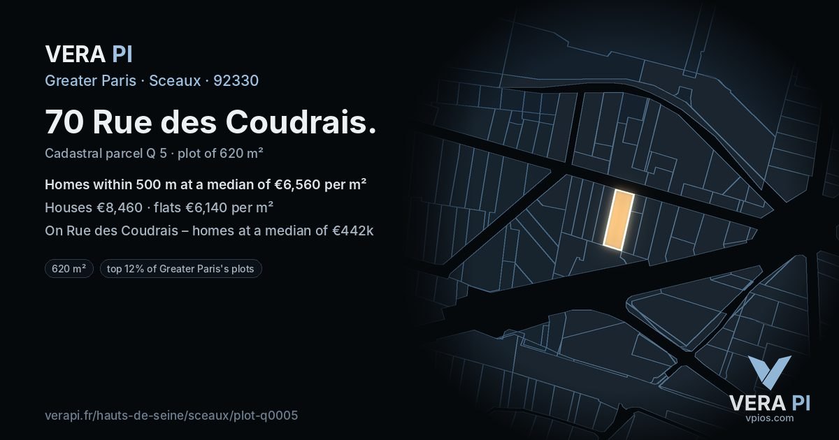 70 Rue des Coudrais, Sceaux at night – the plot lit, the parcels around coloured by the prices near them