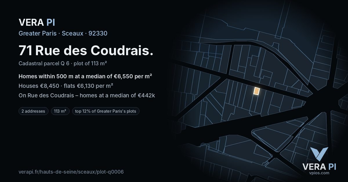 71 Rue des Coudrais, Sceaux at night – the plot lit, the parcels around coloured by the prices near them