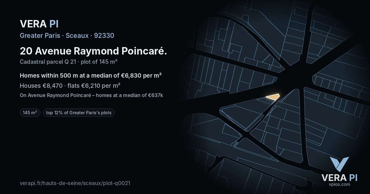 20 Avenue Raymond Poincaré, Sceaux at night – the plot lit, the parcels around coloured by the prices near them