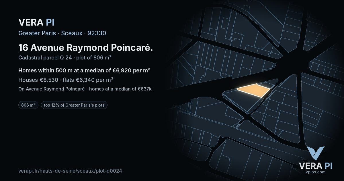 16 Avenue Raymond Poincaré, Sceaux at night – the plot lit, the parcels around coloured by the prices near them