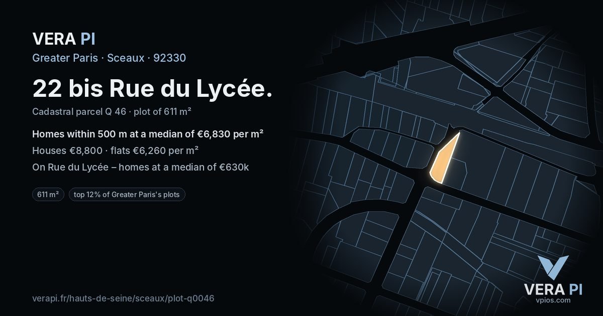 22 bis Rue du Lycée, Sceaux at night – the plot lit, the parcels around coloured by the prices near them