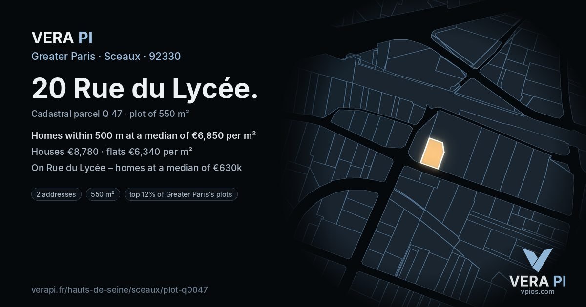 20 Rue du Lycée, Sceaux at night – the plot lit, the parcels around coloured by the prices near them