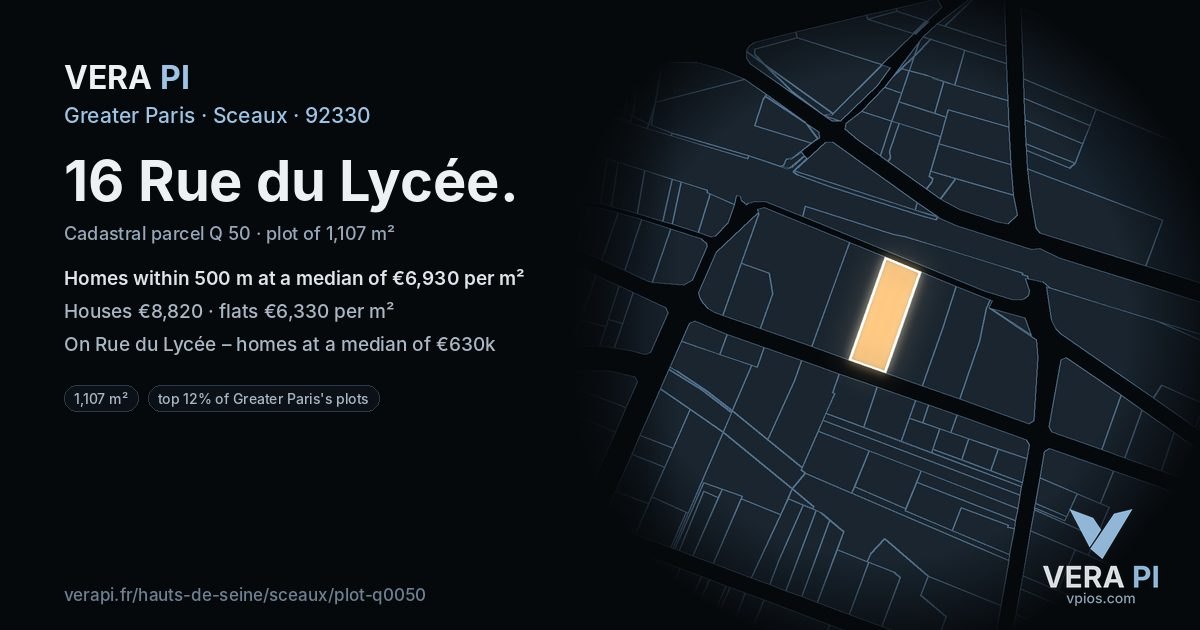 16 Rue du Lycée, Sceaux at night – the plot lit, the parcels around coloured by the prices near them
