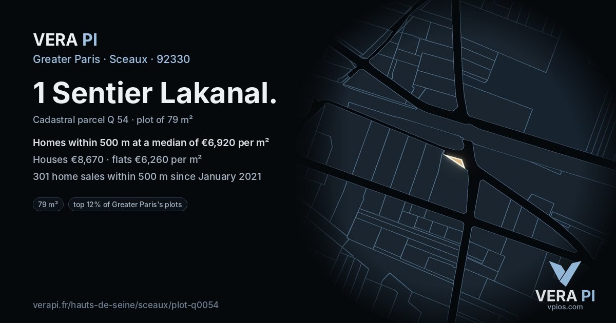 1 Sentier Lakanal, Sceaux at night – the plot lit, the parcels around coloured by the prices near them