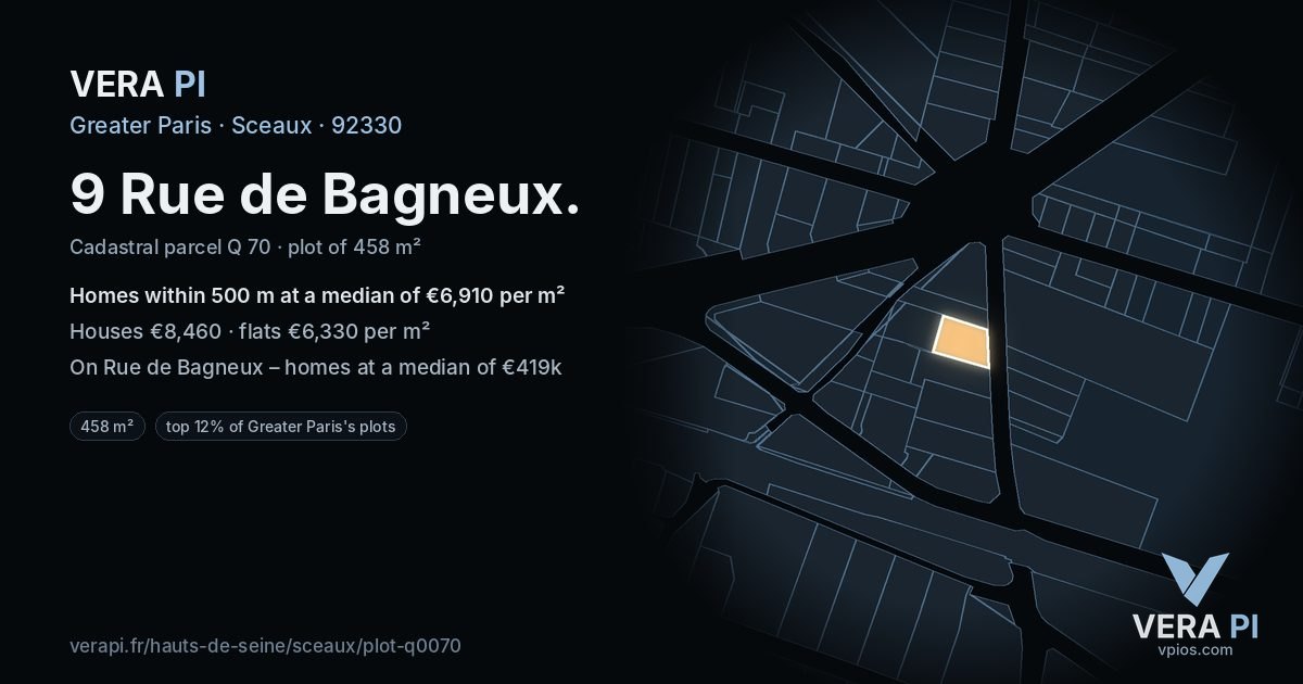 9 Rue de Bagneux, Sceaux at night – the plot lit, the parcels around coloured by the prices near them