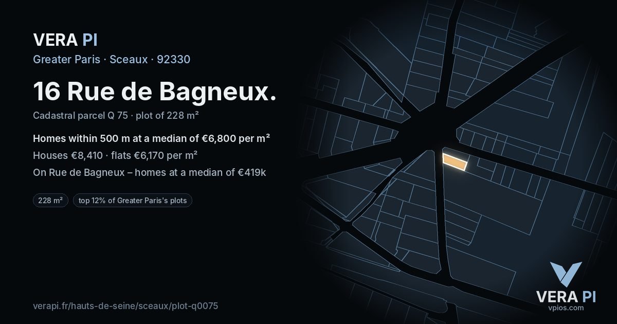 16 Rue de Bagneux, Sceaux at night – the plot lit, the parcels around coloured by the prices near them