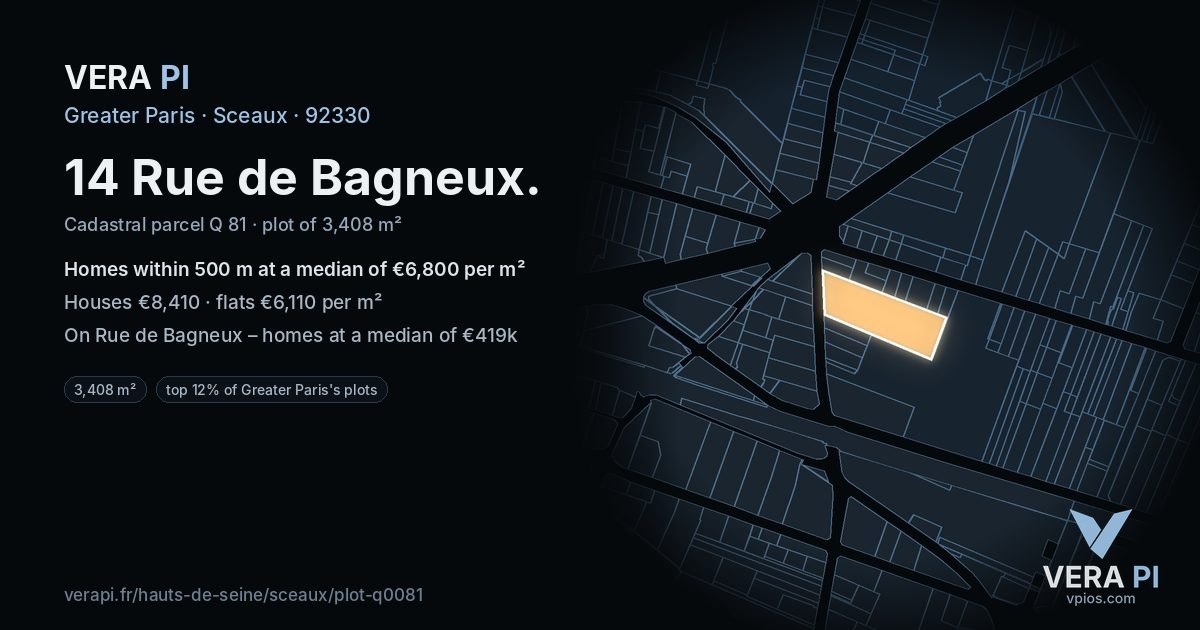 14 Rue de Bagneux, Sceaux at night – the plot lit, the parcels around coloured by the prices near them