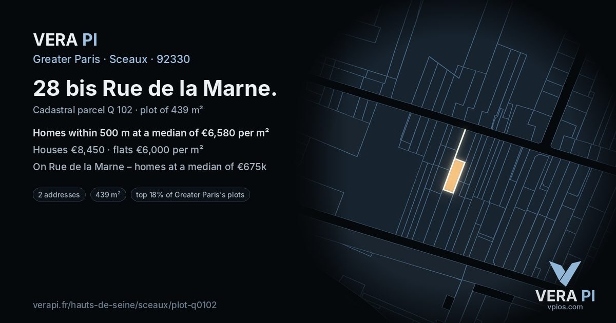 28 bis Rue de la Marne, Sceaux at night – the plot lit, the parcels around coloured by the prices near them