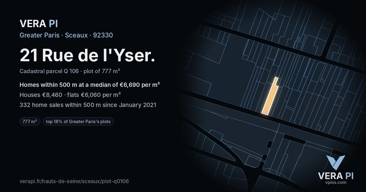 21 Rue de l'Yser, Sceaux at night – the plot lit, the parcels around coloured by the prices near them