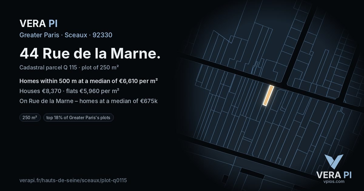 44 Rue de la Marne, Sceaux at night – the plot lit, the parcels around coloured by the prices near them