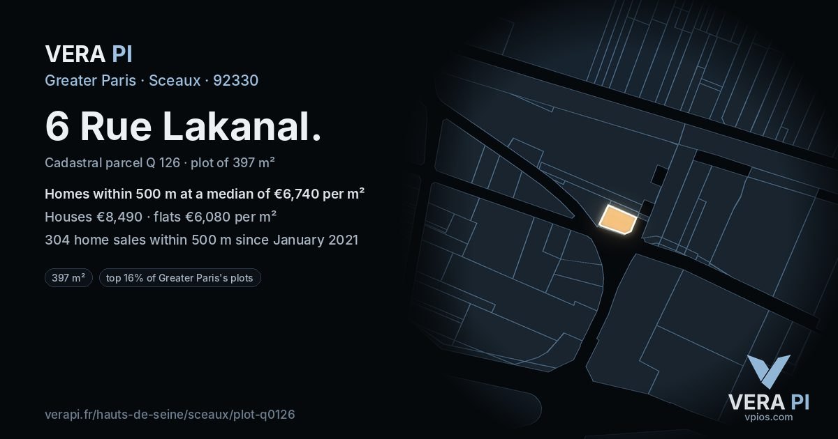6 Rue Lakanal, Sceaux at night – the plot lit, the parcels around coloured by the prices near them