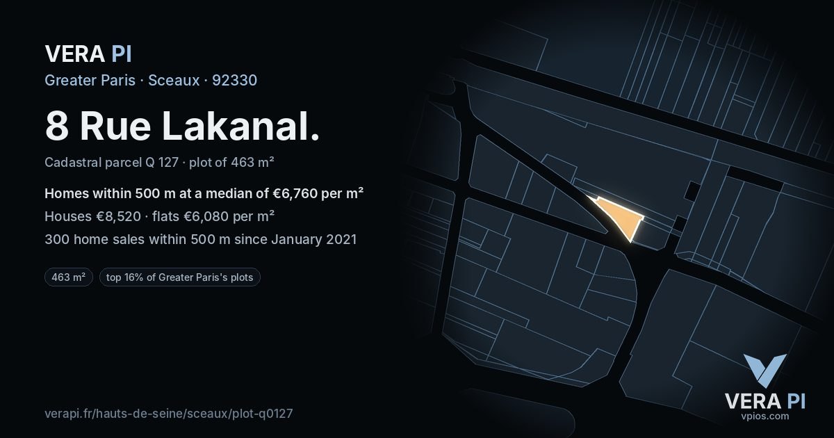 8 Rue Lakanal, Sceaux at night – the plot lit, the parcels around coloured by the prices near them