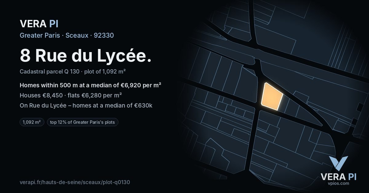 8 Rue du Lycée, Sceaux at night – the plot lit, the parcels around coloured by the prices near them