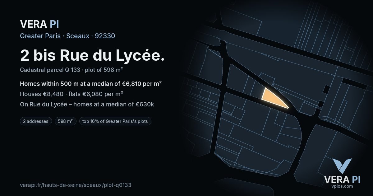 2 bis Rue du Lycée, Sceaux at night – the plot lit, the parcels around coloured by the prices near them