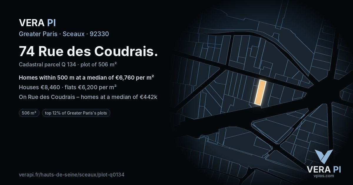 74 Rue des Coudrais, Sceaux at night – the plot lit, the parcels around coloured by the prices near them
