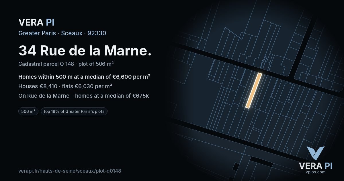 34 Rue de la Marne, Sceaux at night – the plot lit, the parcels around coloured by the prices near them