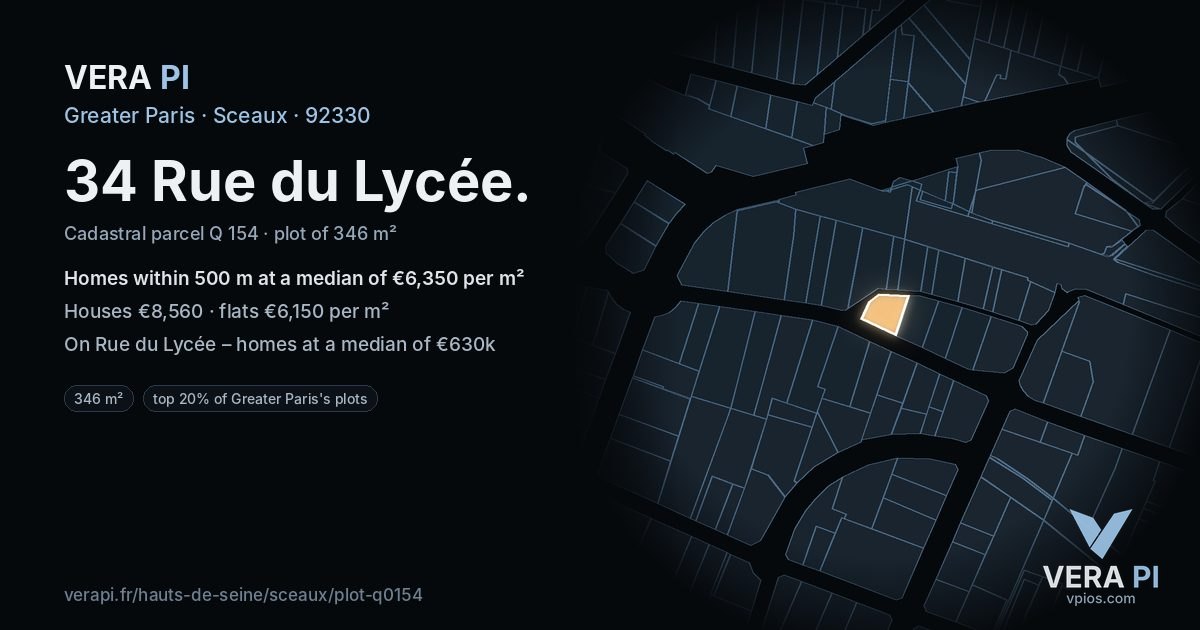 34 Rue du Lycée, Sceaux at night – the plot lit, the parcels around coloured by the prices near them
