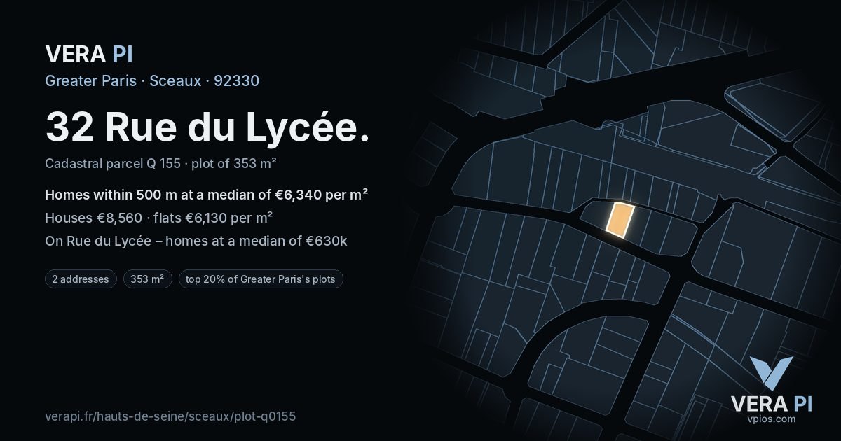 32 Rue du Lycée, Sceaux at night – the plot lit, the parcels around coloured by the prices near them