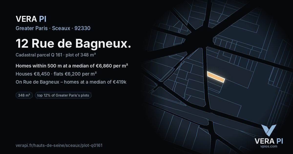 12 Rue de Bagneux, Sceaux at night – the plot lit, the parcels around coloured by the prices near them