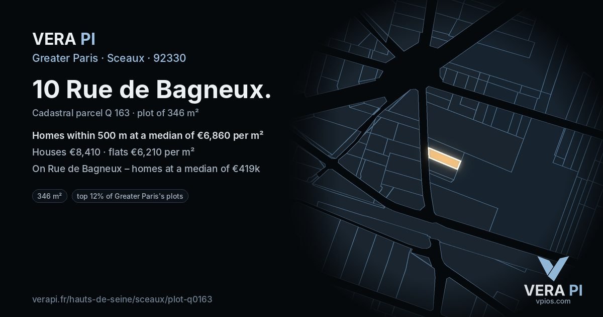 10 Rue de Bagneux, Sceaux at night – the plot lit, the parcels around coloured by the prices near them