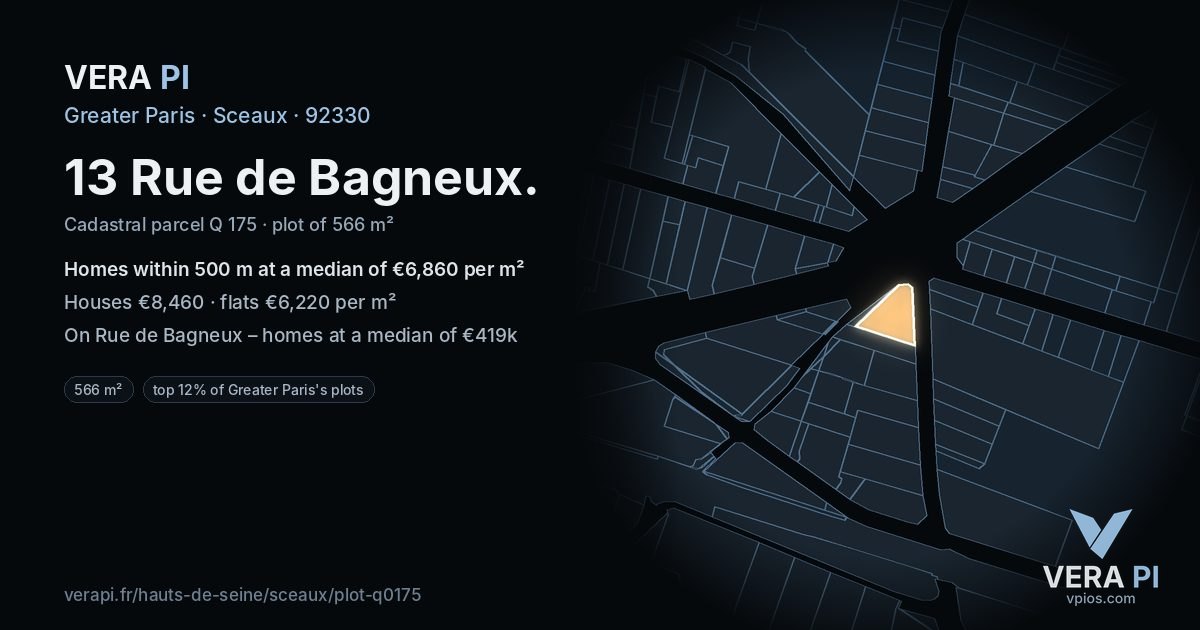 13 Rue de Bagneux, Sceaux at night – the plot lit, the parcels around coloured by the prices near them